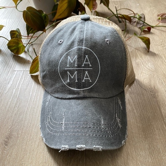 MAMA Trucker Hat High Ponytail  Baseball Hat Gray Khaki Distressed - Picture 1 of 4